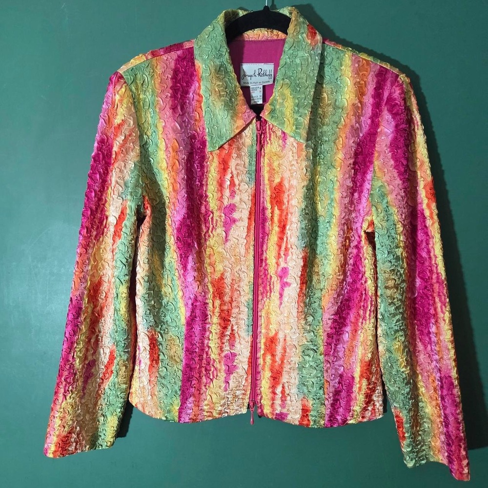 Vintage rainbow paisley, ruffled zip up jacket. Made in Canada